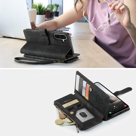 Pouzdro CASEME pro Samsung Galaxy A56 5G, Leather Wallet Cash and Card Slots, s poutkem, černé