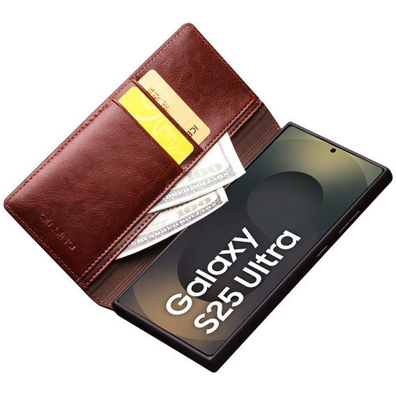 Flipové pouzdro pro Samsung Galaxy S25 Ultra, QIALINO Leather Wallet, tmavě hnědá