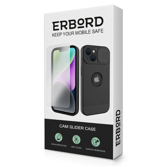 Pouzdro ERBORD MagSafe Cam Slider, černé + sklo na displej pro iPhone 13 / iPhone 14