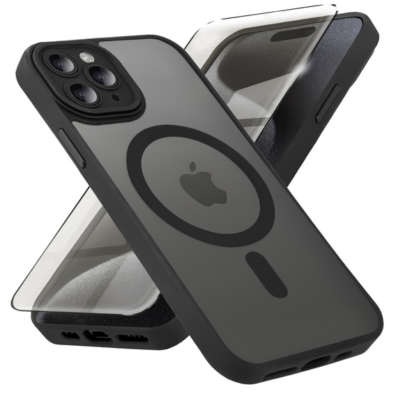 Pouzdro pro iPhone 15 Pro, pro MagSafe, ERBORD Matt Case, černý + sklo na displej