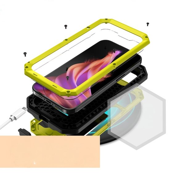 Pouzdro pro iPhone 15, R-JUST CamShield Slide, pancéřované, žluté / černé
