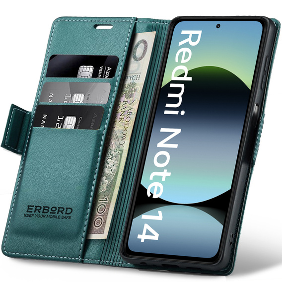 Pouzdro pro Xiaomi Redmi Note 14 5G, ERBORD Glossy Litchi, flipová peněženka, zelené