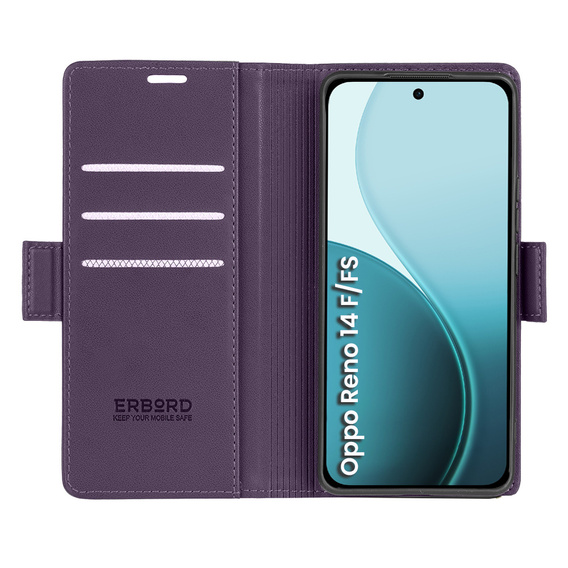 Pouzdro pro Oppo Reno 14 F / 14 FS, ERBORD Glossy Litchi, flipová peněženka, fialové