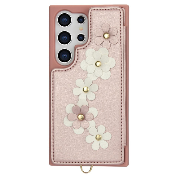 Pouzdro pro Samsung Galaxy S24 Ultra, Leather Flower Card Slot, růžové