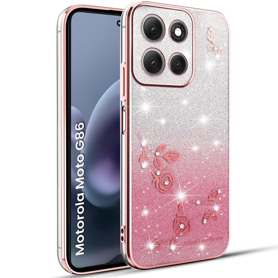 Pouzdro pro Motorola Moto G86 5G, Glitter Flower, růžové rose gold