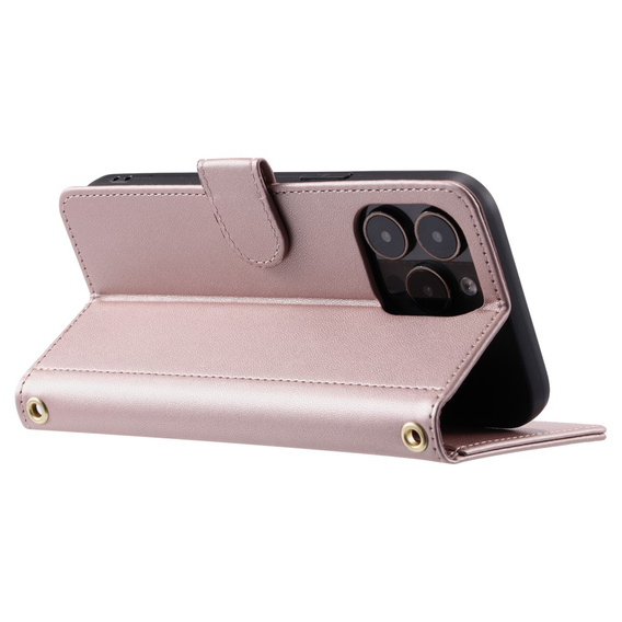 Pouzdro s klopou pro iPhone 16 Pro, Rhombus Crossbody Leather, růžové rose gold