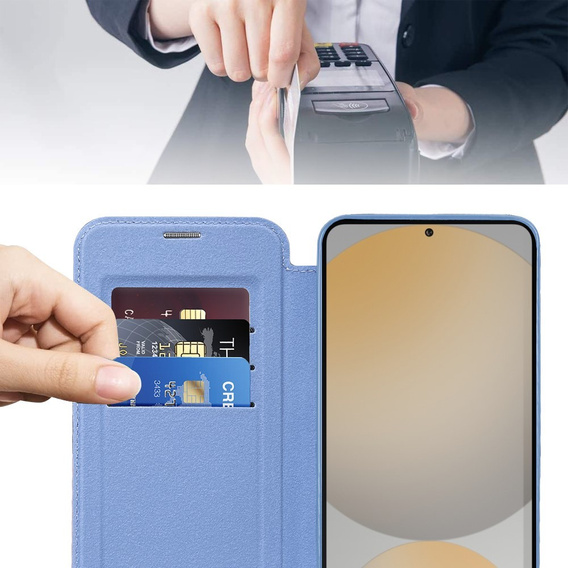 Klopové pouzdro pro Samsung Galaxy S24 FE, RFID Wallet MagSafe CamShield, modré