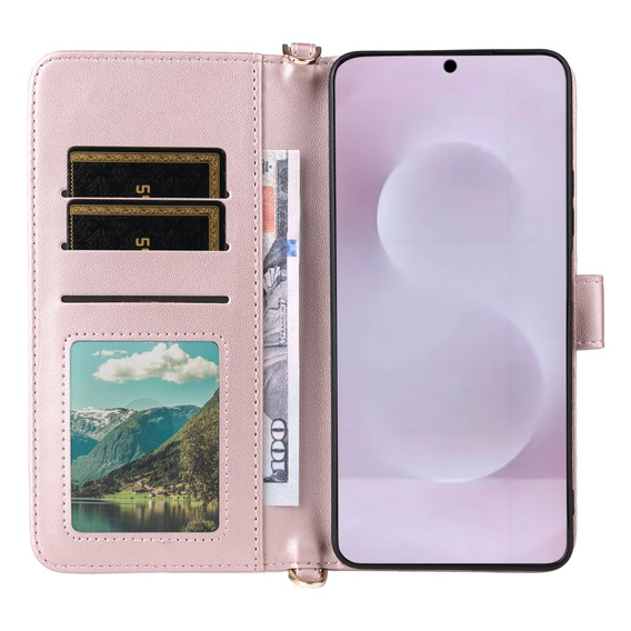Flipové pouzdro pro Samsung Galaxy S25 Edge, Crossbody Leather Wallet, růžové